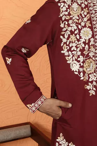 cotton silk maroon embroidered floral design kurta