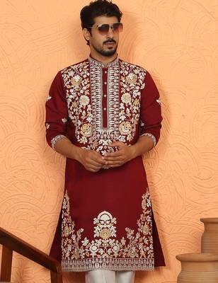 cotton silk maroon embroidered floral design kurta 5