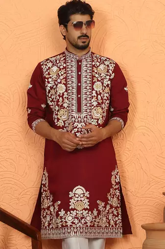 cotton silk maroon embroidered floral design kurta
