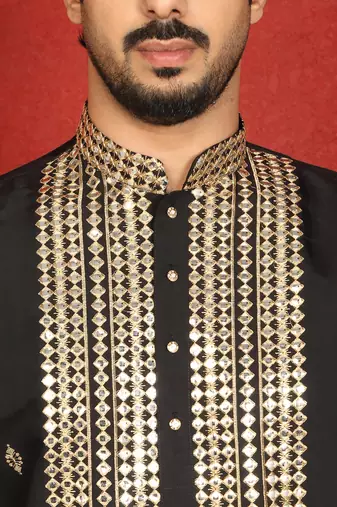 cotton silk zari embroidered yoke design black kurta