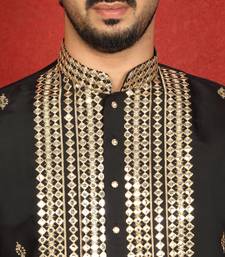 cotton silk zari embroidered yoke design black kurta