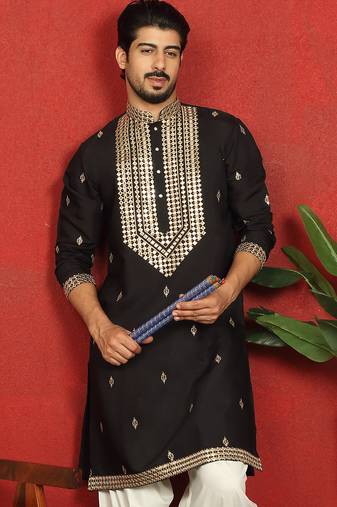 cotton silk zari embroidered yoke design black kurta