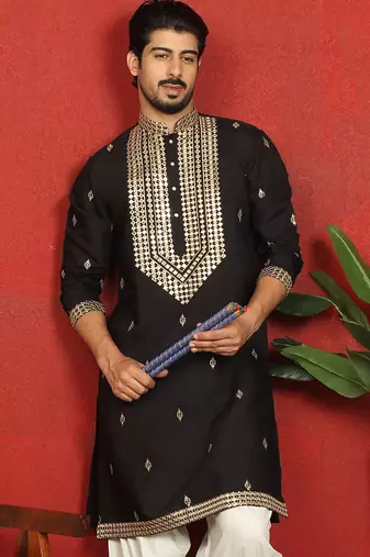 cotton silk zari embroidered yoke design black kurta
