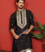 cotton silk zari embroidered yoke design black kurta