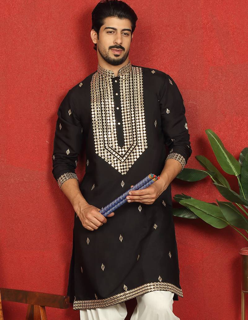 cotton silk zari embroidered yoke design black kurta