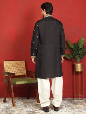 cotton silk zari embroidered yoke design black kurta 3
