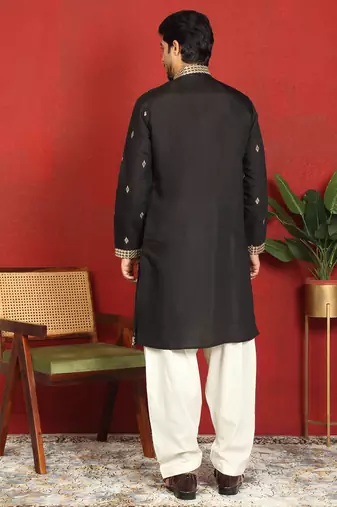 cotton silk zari embroidered yoke design black kurta