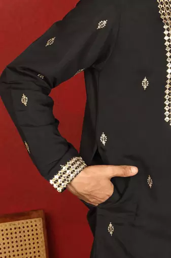 cotton silk zari embroidered yoke design black kurta