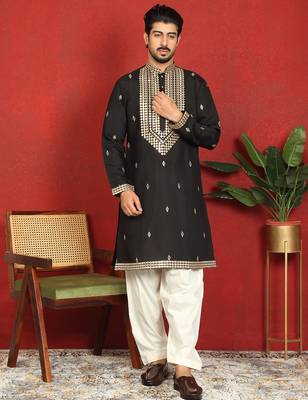 cotton silk zari embroidered yoke design black kurta 5