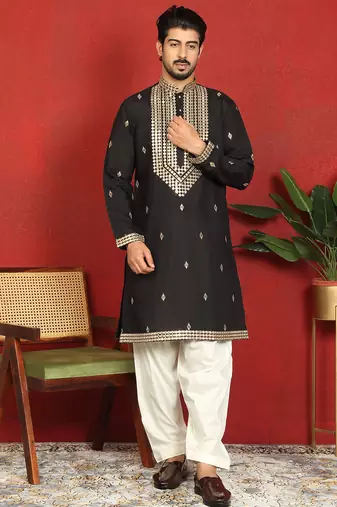 cotton silk zari embroidered yoke design black kurta
