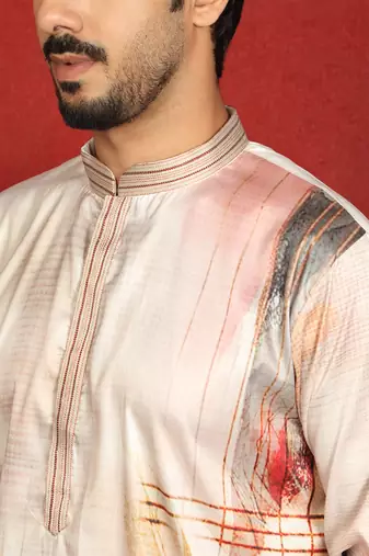 cotton silk floral printed anchor neck work beige kurta