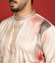 cotton silk floral printed anchor neck work beige kurta