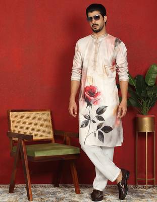 cotton silk floral printed anchor neck work beige kurta 3
