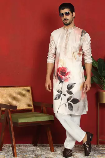 cotton silk floral printed anchor neck work beige kurta