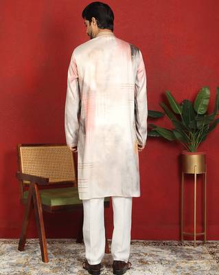 cotton silk floral printed anchor neck work beige kurta 4