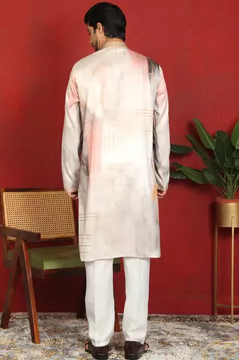 cotton silk floral printed anchor neck work beige kurta