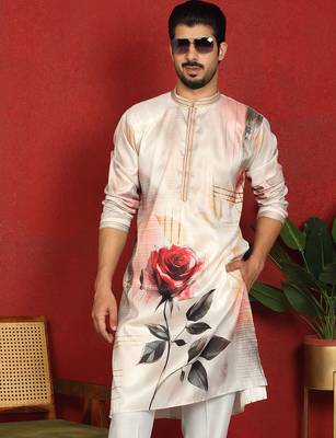 cotton silk floral printed anchor neck work beige kurta 1