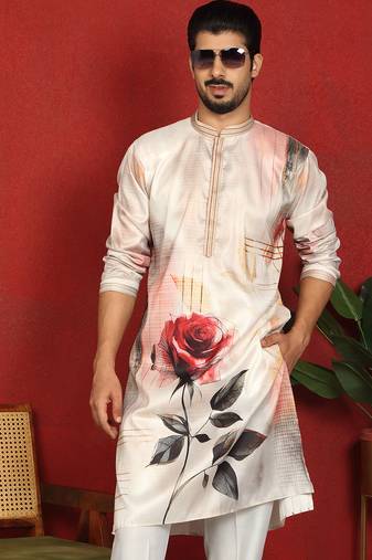cotton silk floral printed anchor neck work beige kurta