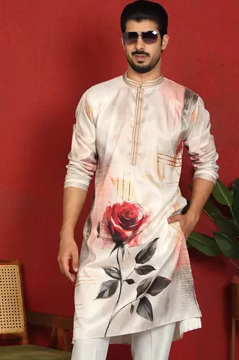 cotton silk floral printed anchor neck work beige kurta