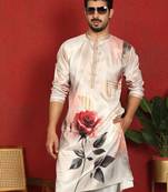 cotton silk floral printed anchor neck work beige kurta