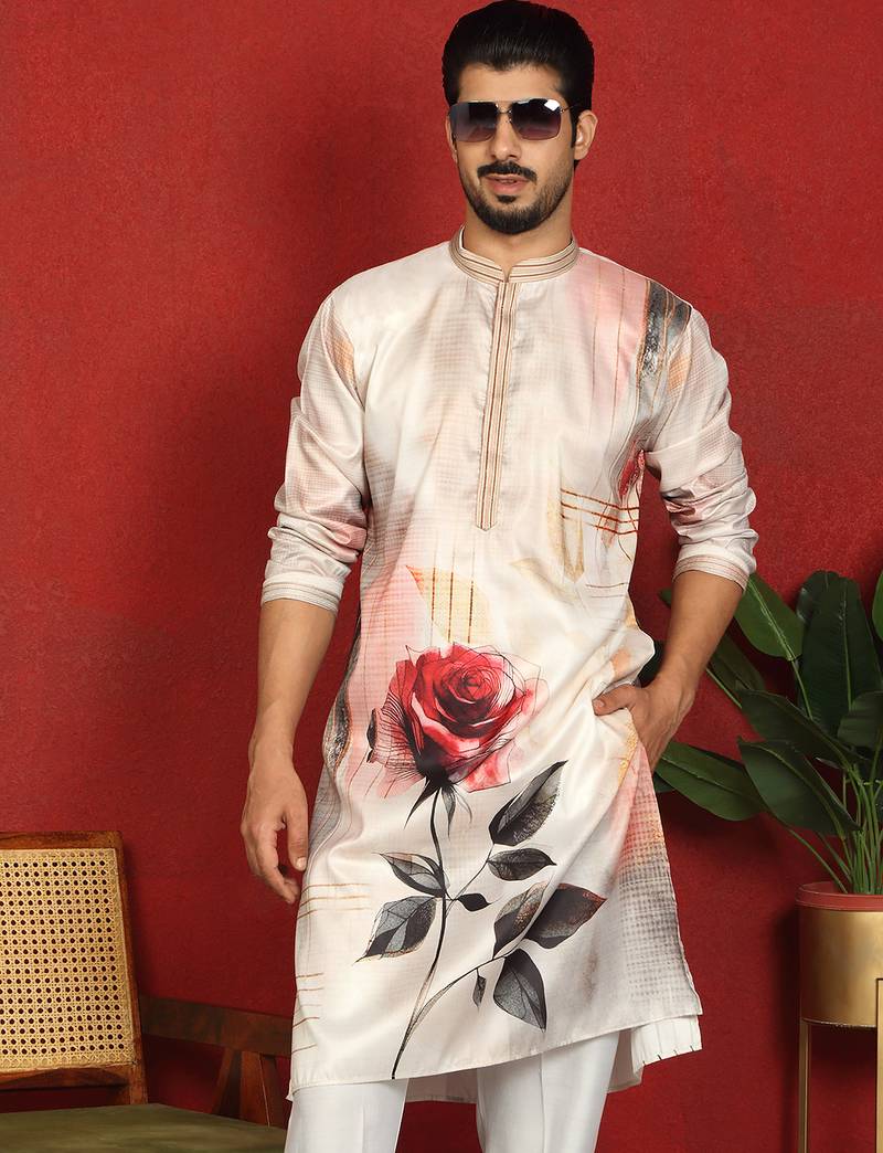 cotton silk floral printed anchor neck work beige kurta