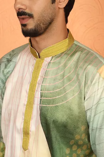 cotton silk floral printed anchor neck work green kurta