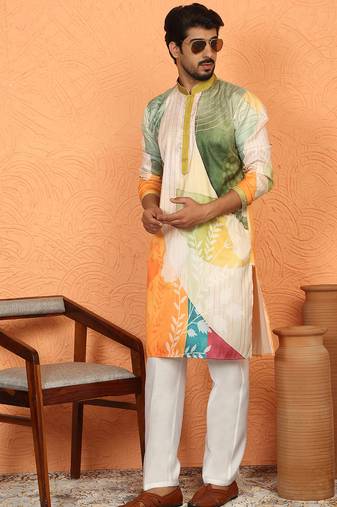 cotton silk floral printed anchor neck work green kurta