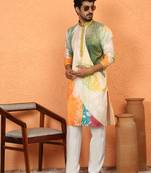 cotton silk floral printed anchor neck work green kurta