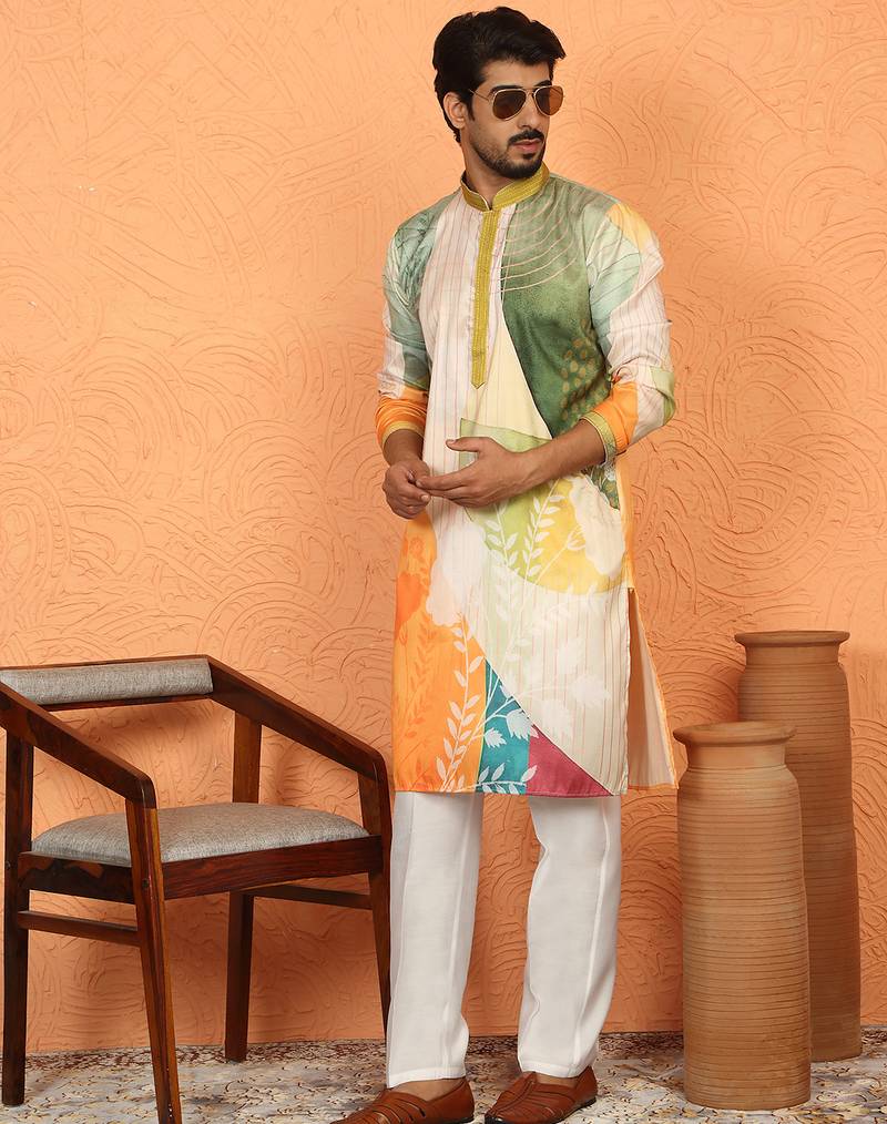 cotton silk floral printed anchor neck work green kurta