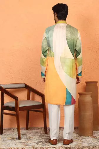 cotton silk floral printed anchor neck work green kurta