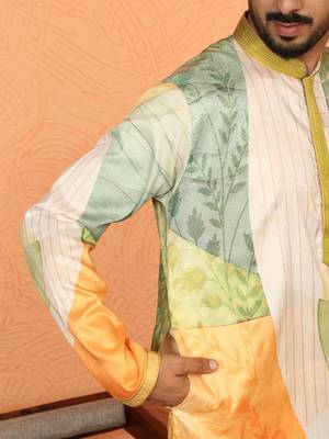 cotton silk floral printed anchor neck work green kurta 4