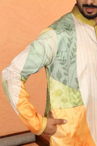 cotton silk floral printed anchor neck work green kurta
