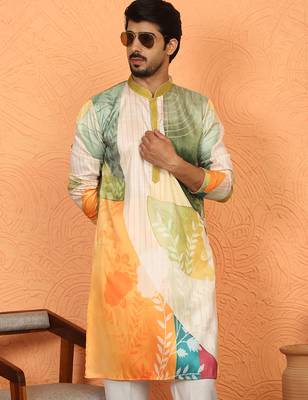 cotton silk floral printed anchor neck work green kurta 5
