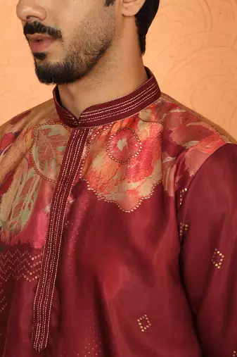 cotton silk floral printed anchor neck work maroon kurta