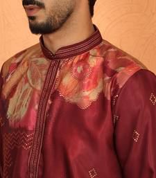 cotton silk floral printed anchor neck work maroon kurta