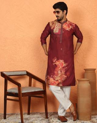 cotton silk floral printed anchor neck work maroon kurta 1