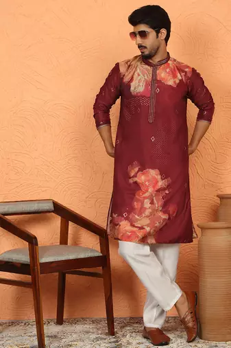 cotton silk floral printed anchor neck work maroon kurta