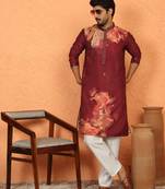 cotton silk floral printed anchor neck work maroon kurta