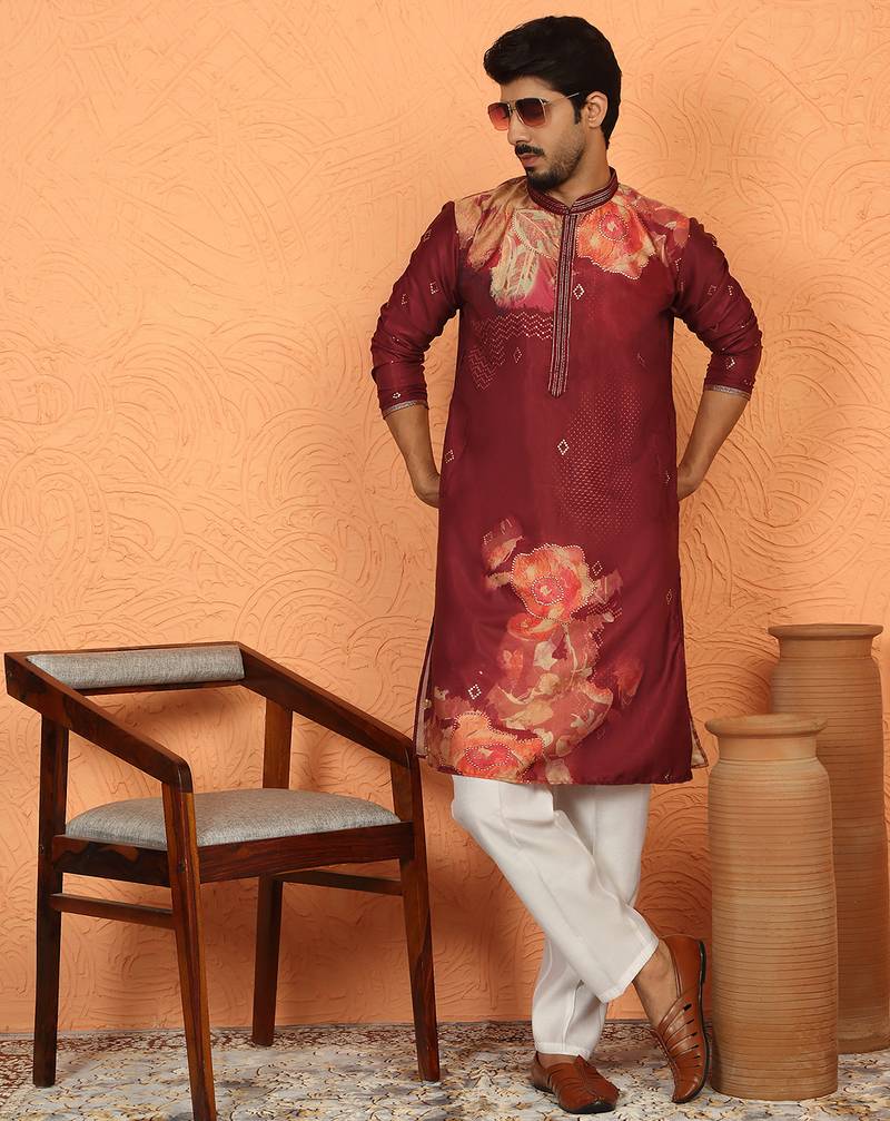cotton silk floral printed anchor neck work maroon kurta