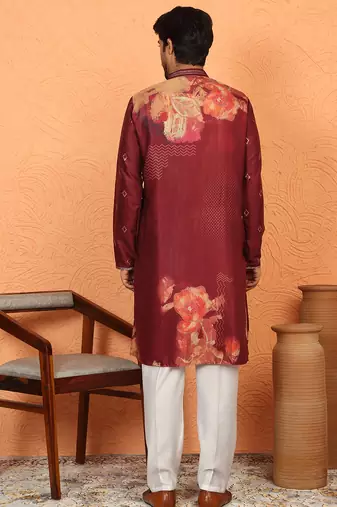 cotton silk floral printed anchor neck work maroon kurta