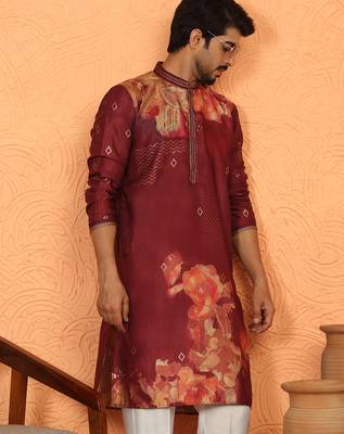 cotton silk floral printed anchor neck work maroon kurta 5