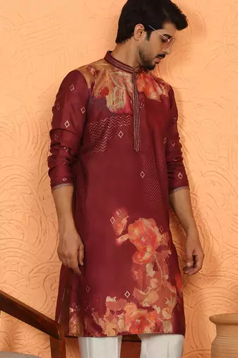 cotton silk floral printed anchor neck work maroon kurta