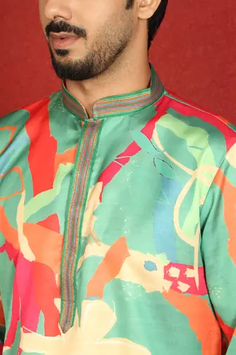 cotton silk floral printed anchor neck work multicolor kurta