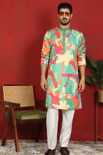 cotton silk floral printed anchor neck work multicolor kurta