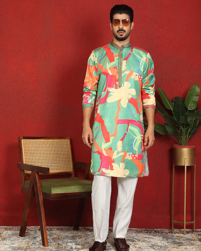 cotton silk floral printed anchor neck work multicolor kurta