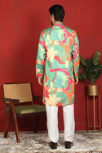 cotton silk floral printed anchor neck work multicolor kurta