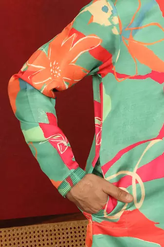 cotton silk floral printed anchor neck work multicolor kurta