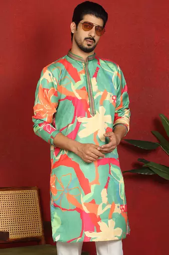 cotton silk floral printed anchor neck work multicolor kurta