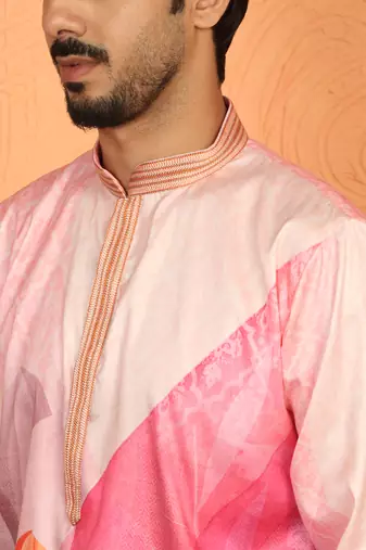 cotton silk floral printed anchor neck work pink kurta