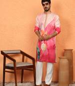 cotton silk floral printed anchor neck work pink kurta